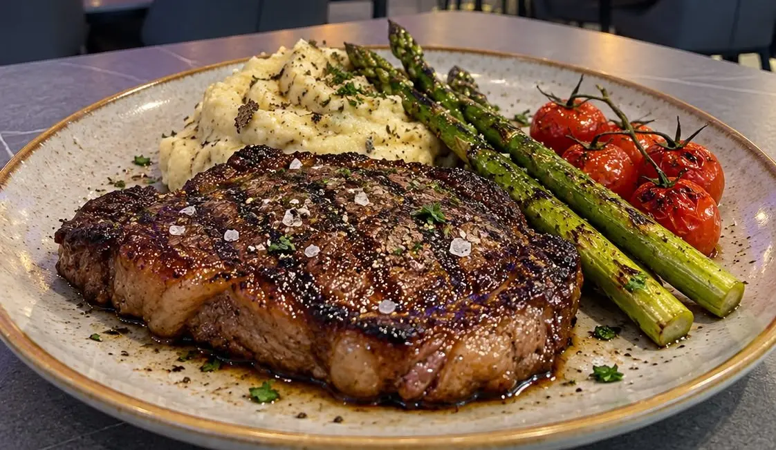 Chargrilled ribeye steak with truffle mash, asparagus and roasted tomatoes