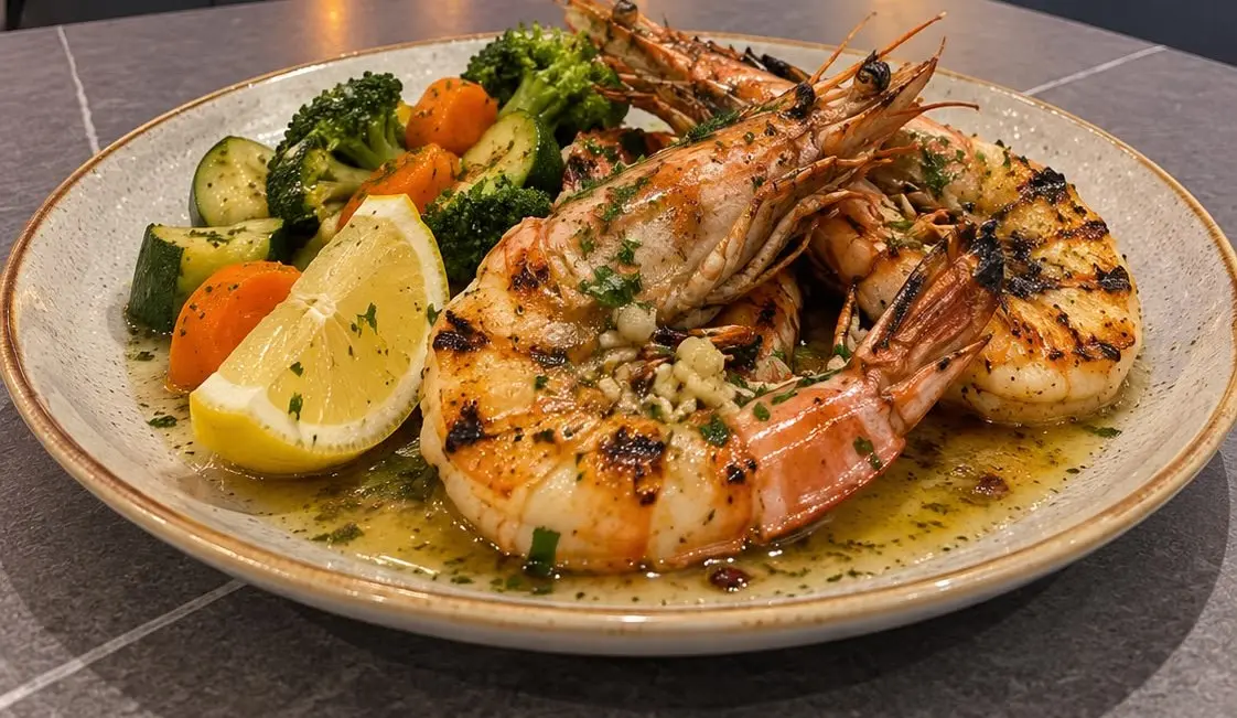 Grilled king prawns with lemon and seasonal vegetables