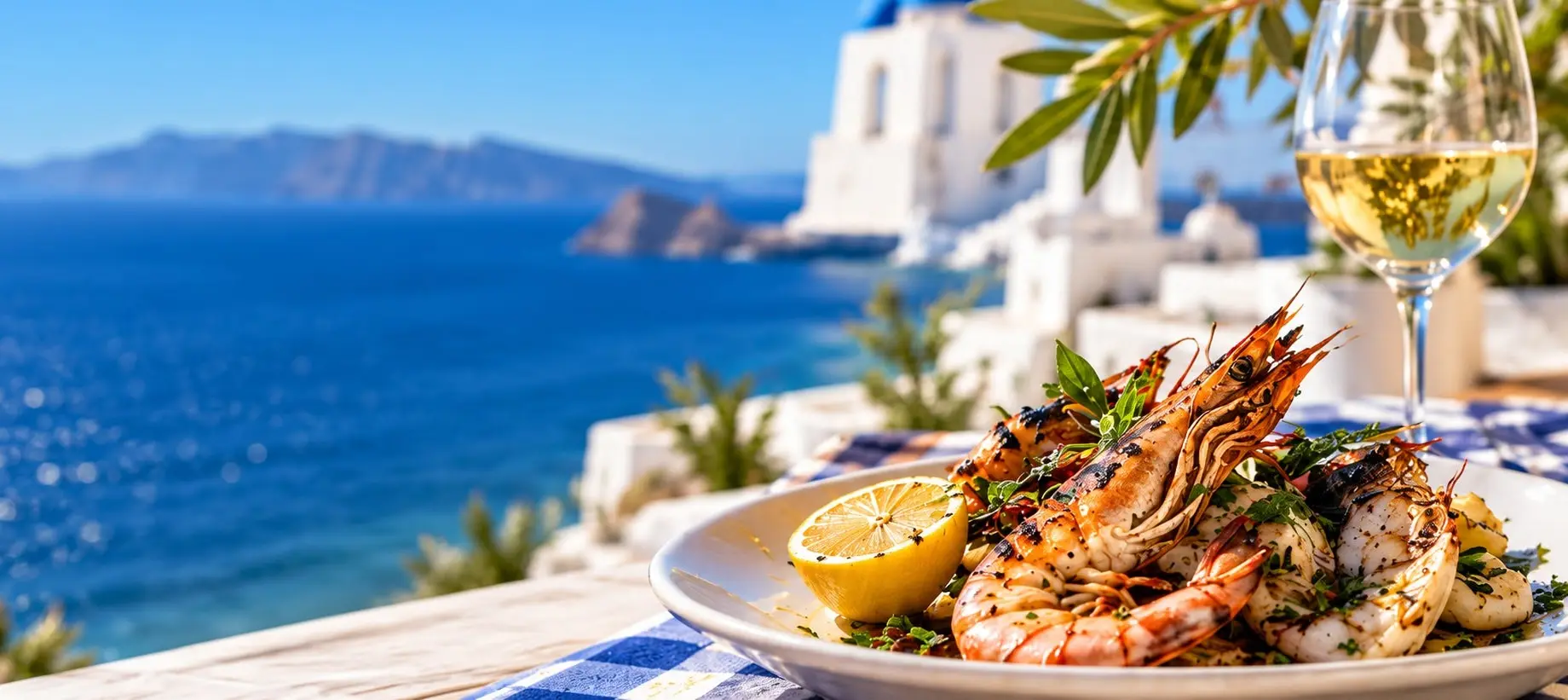 Charcoal-grilled king prawns with lemon on a terrace overlooking the Mediterranean sea