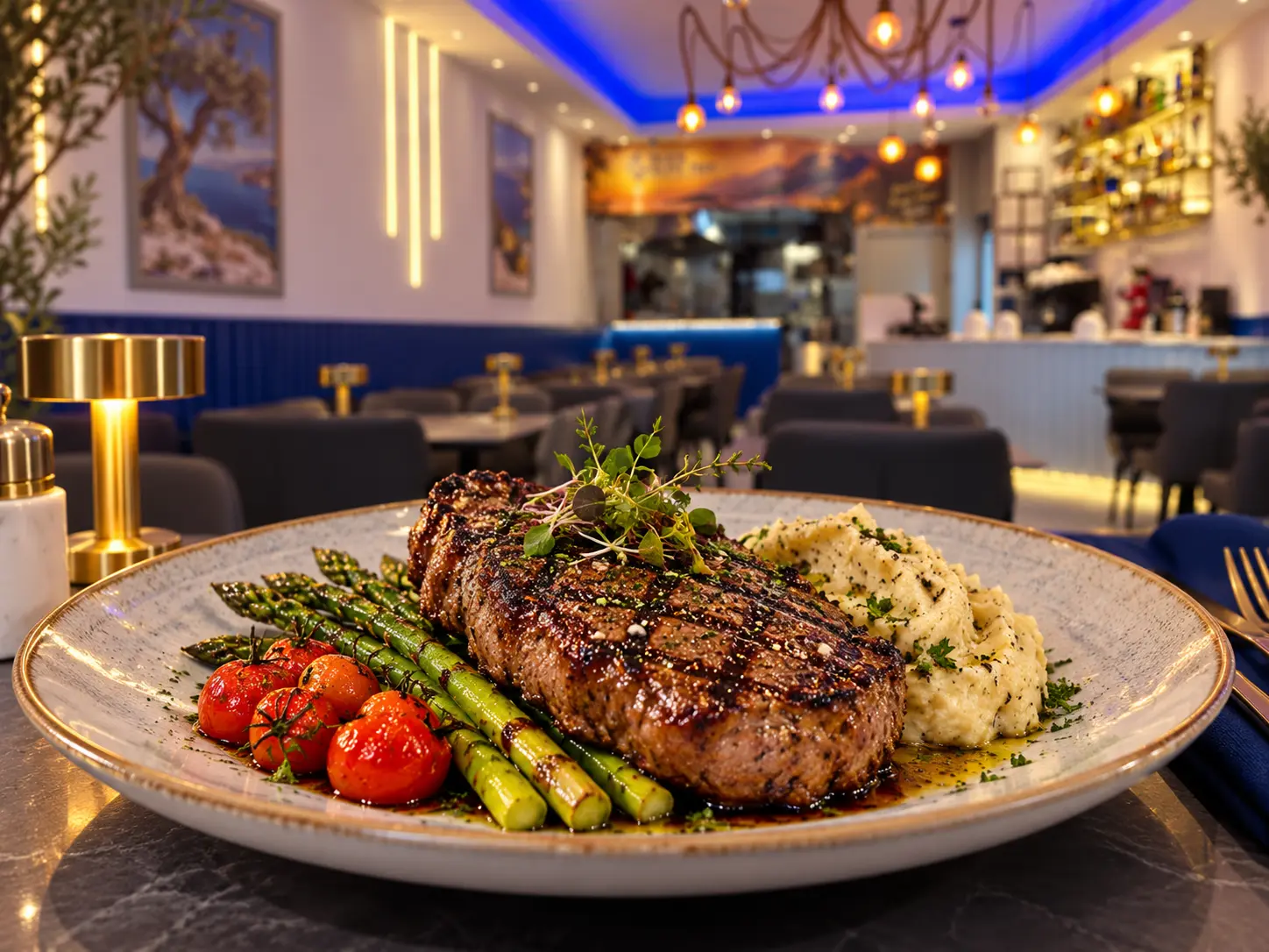 Chargrilled ribeye steak with truffle mash and asparagus