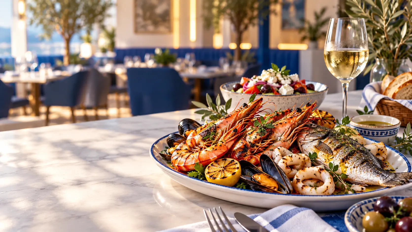 A seafood platter and a glass of white wine set for sharing at Black Olive Tree