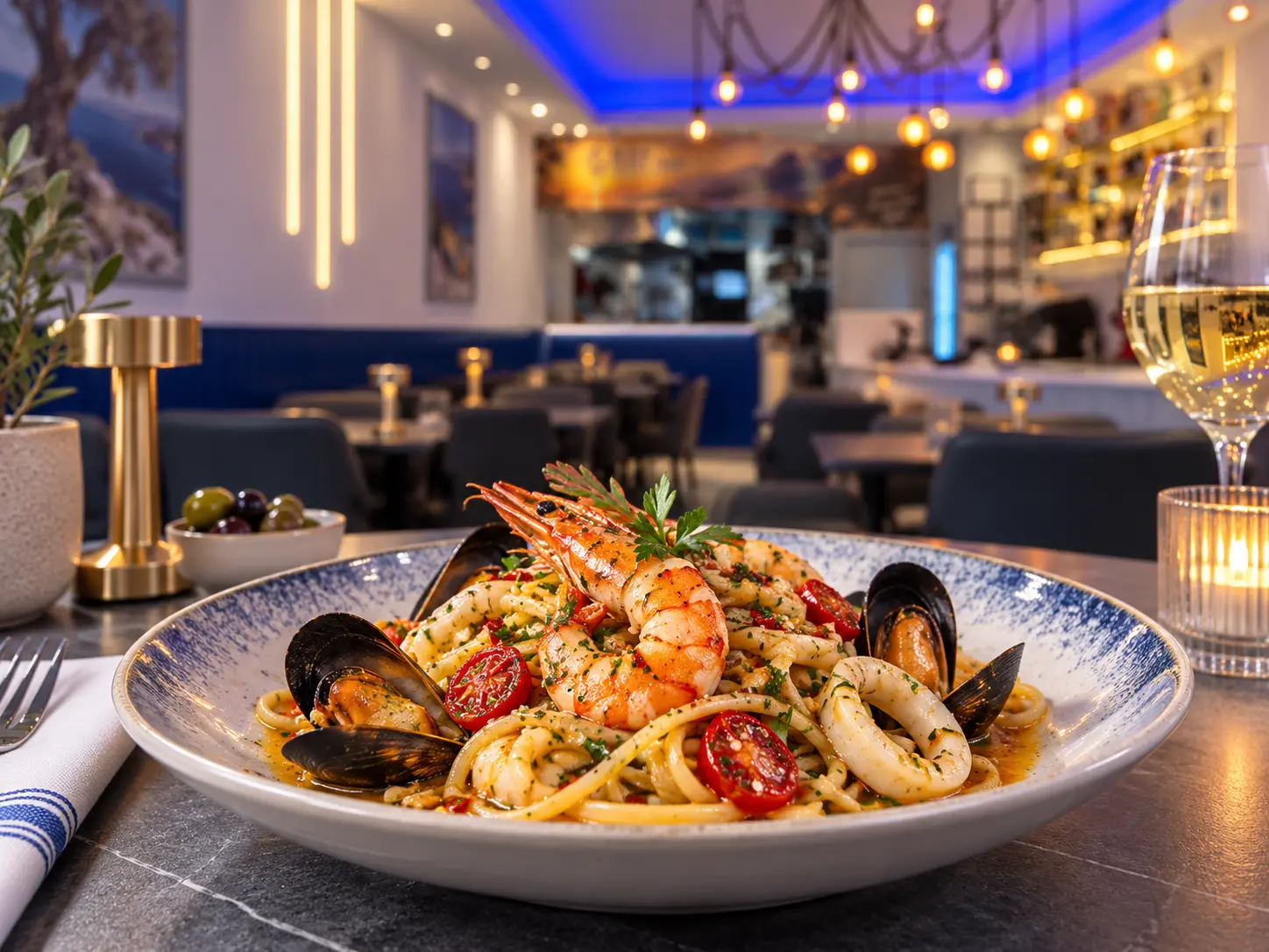 Seafood linguine with king prawns, mussels and calamari