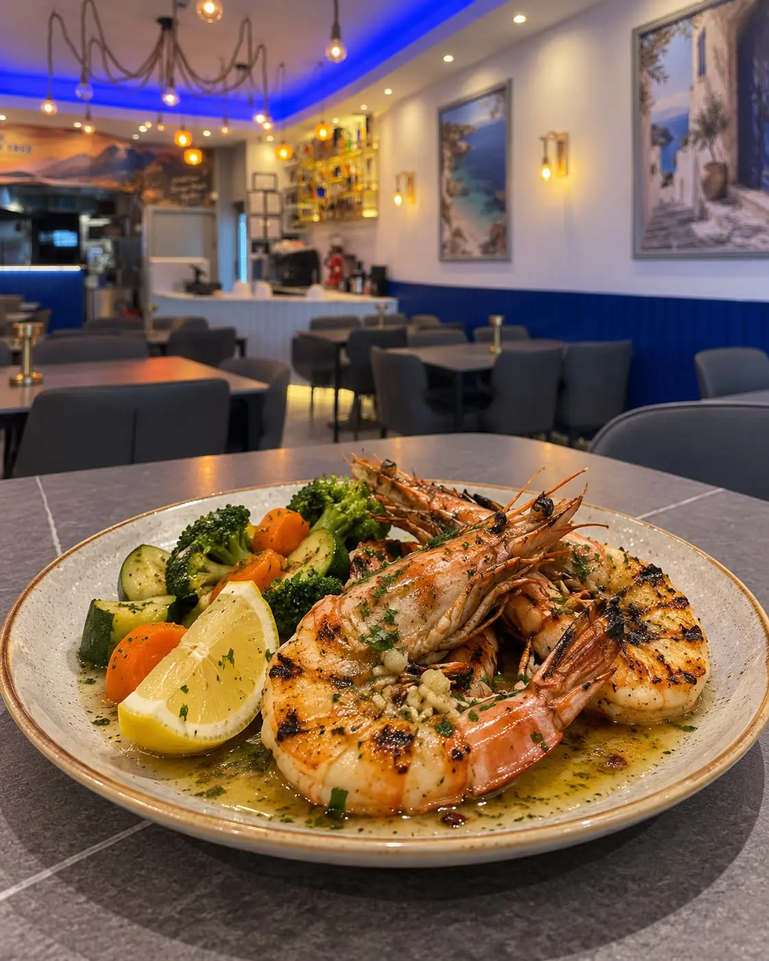 Grilled king prawns with lemon