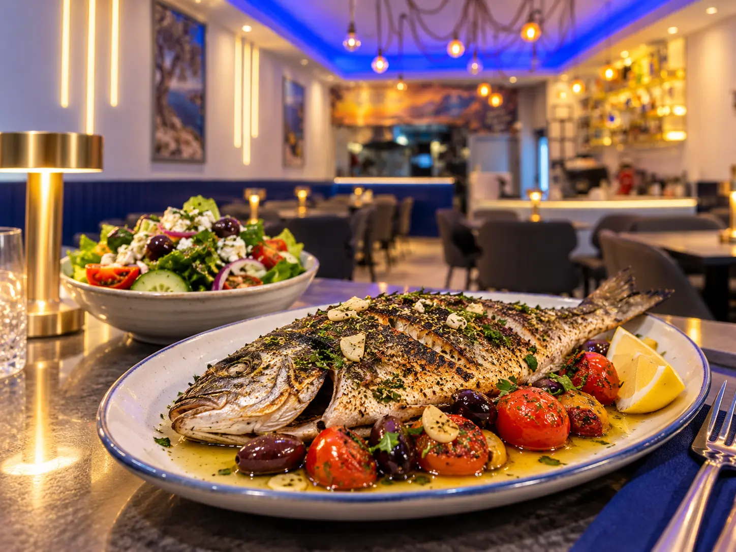 Chargrilled sea bream with cherry tomatoes and olives at Black Olive Tree
